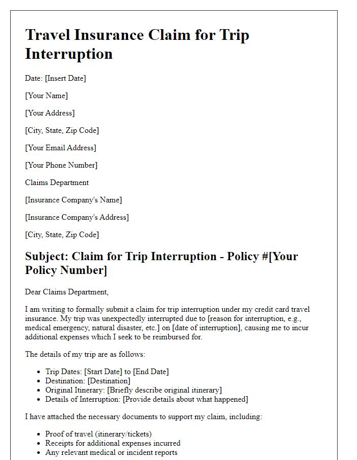 Letter template of credit card travel insurance claim for trip interruption.