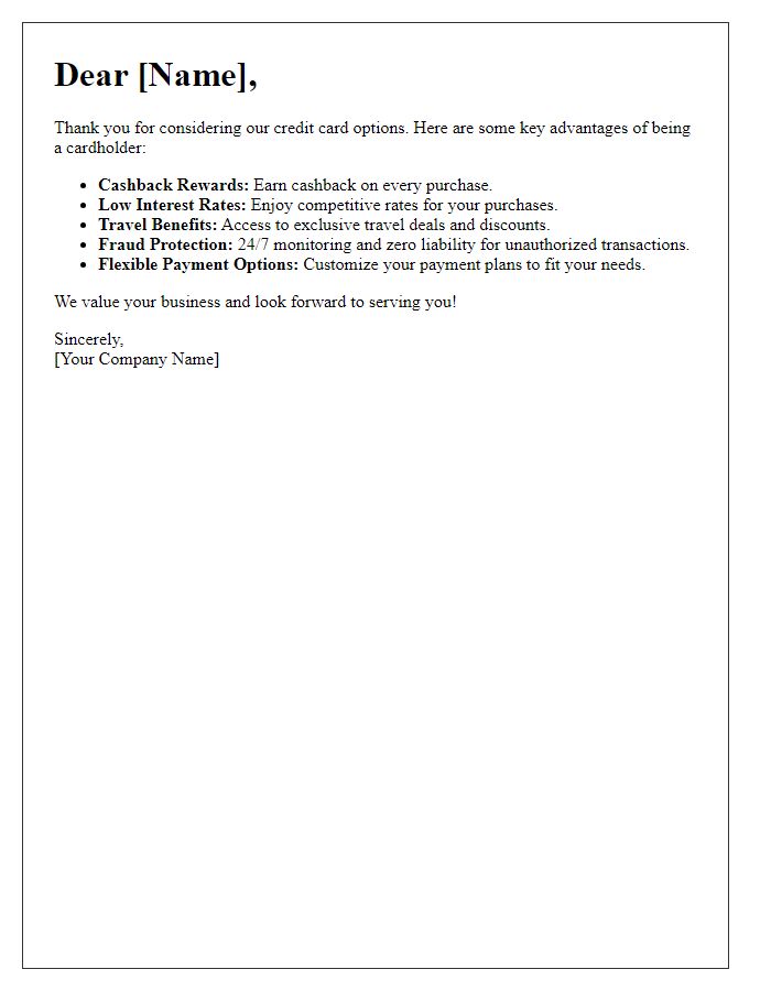 Letter template of credit cardholder advantages outline