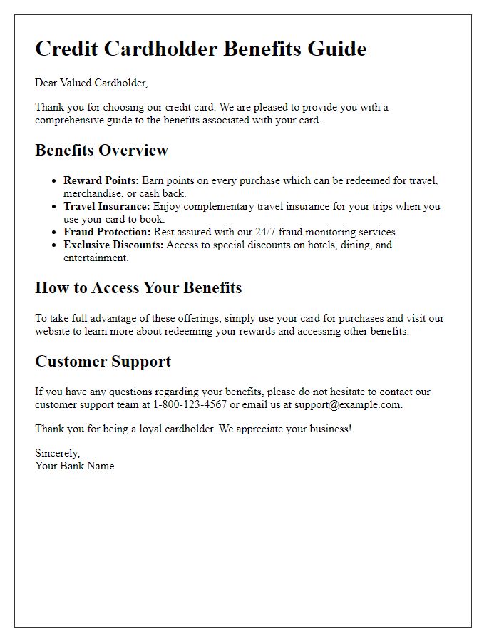 Letter template of credit cardholder benefits guide