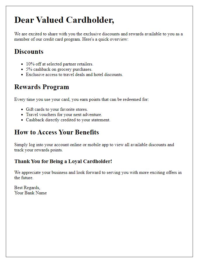 Letter template of credit cardholder discounts and rewards overview