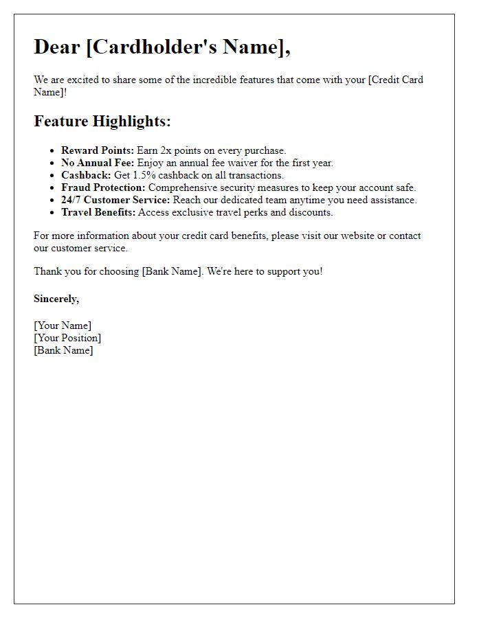 Letter template of credit cardholder feature highlights