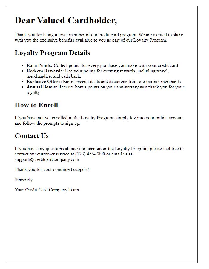 Letter template of credit cardholder loyalty program information