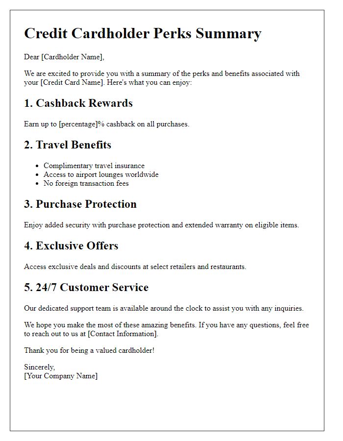 Letter template of credit cardholder perks summary