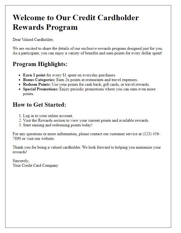 Letter template of credit cardholder rewards program details