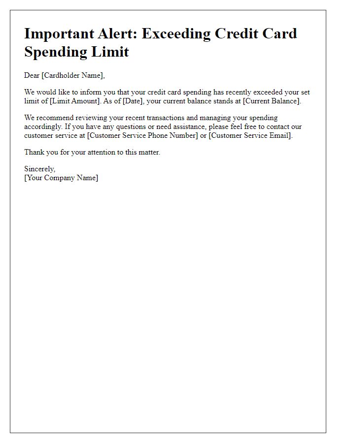 Letter template of alert for exceeding credit card spending limits