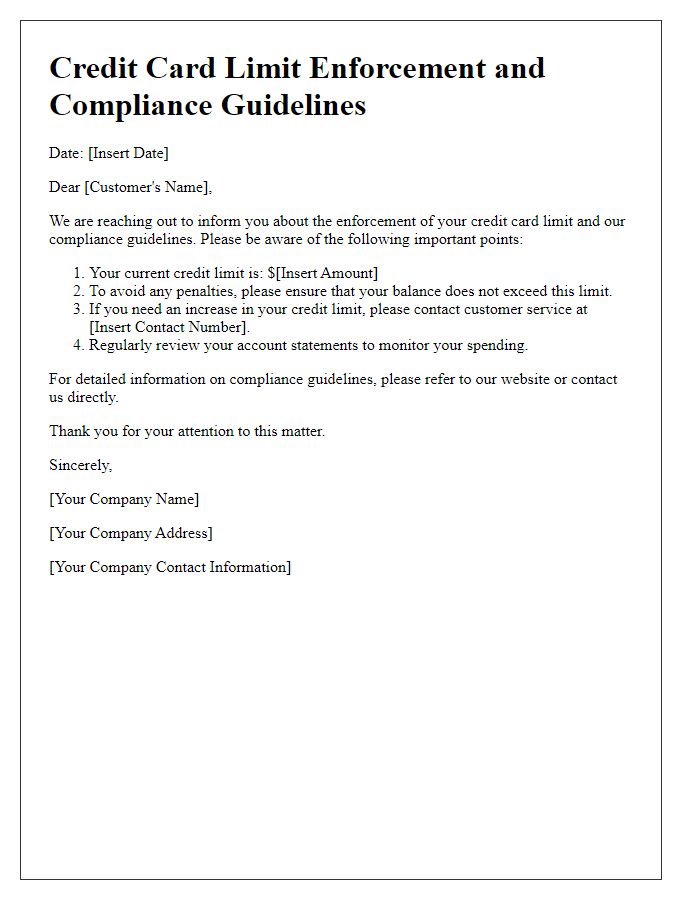 Letter template of credit card limit enforcement and compliance guidelines