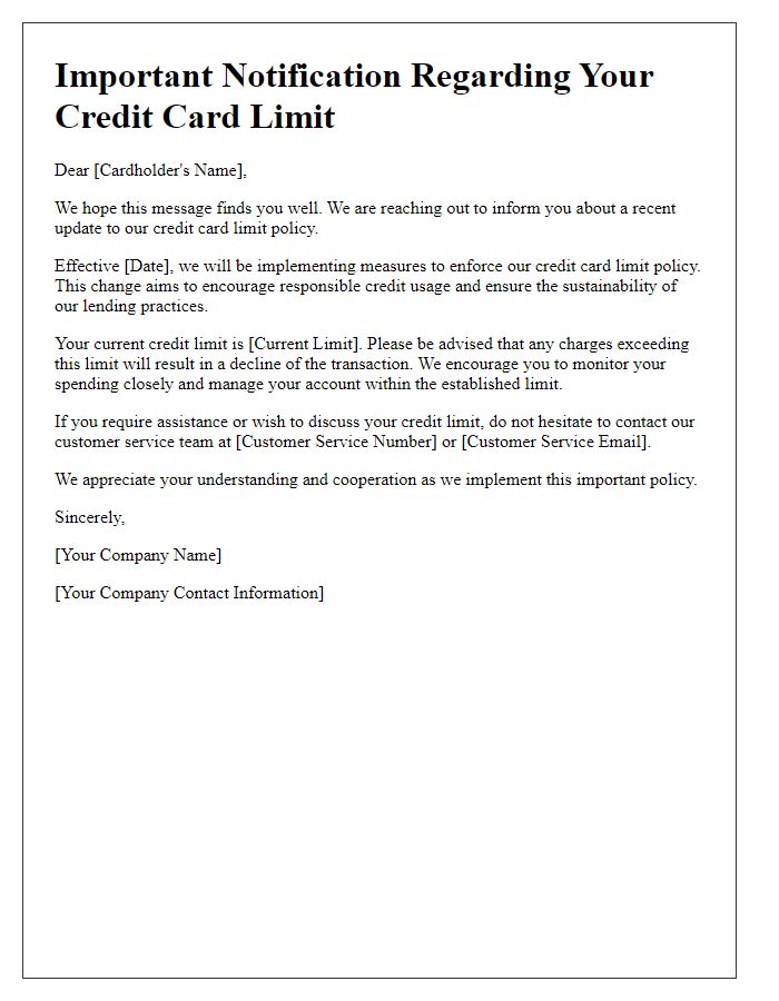 Letter template of formal credit card limit policy enforcement communication