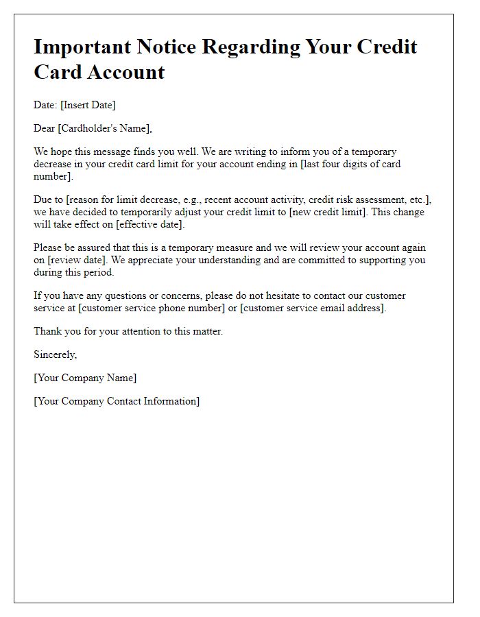 Letter template of temporary credit card limit decrease notice