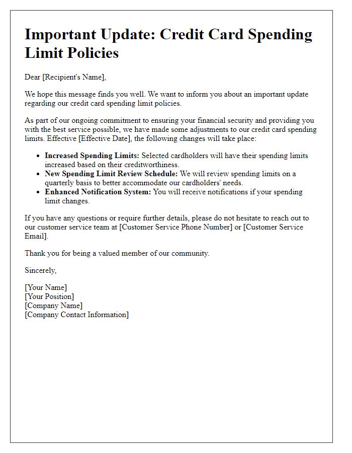 Letter template of update regarding credit card spending limit policies