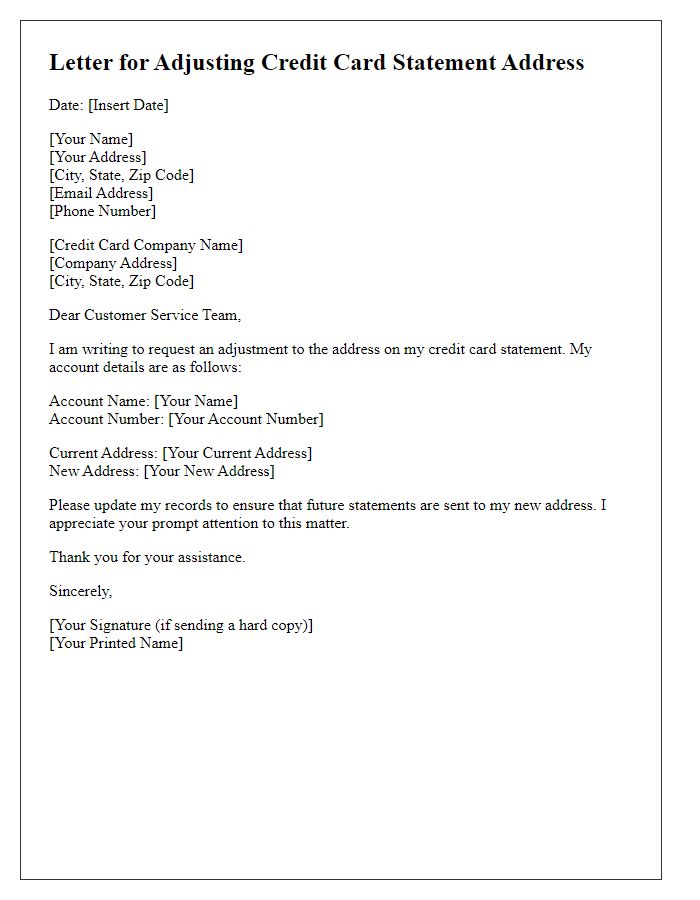 Letter template of adjusting credit card statement address