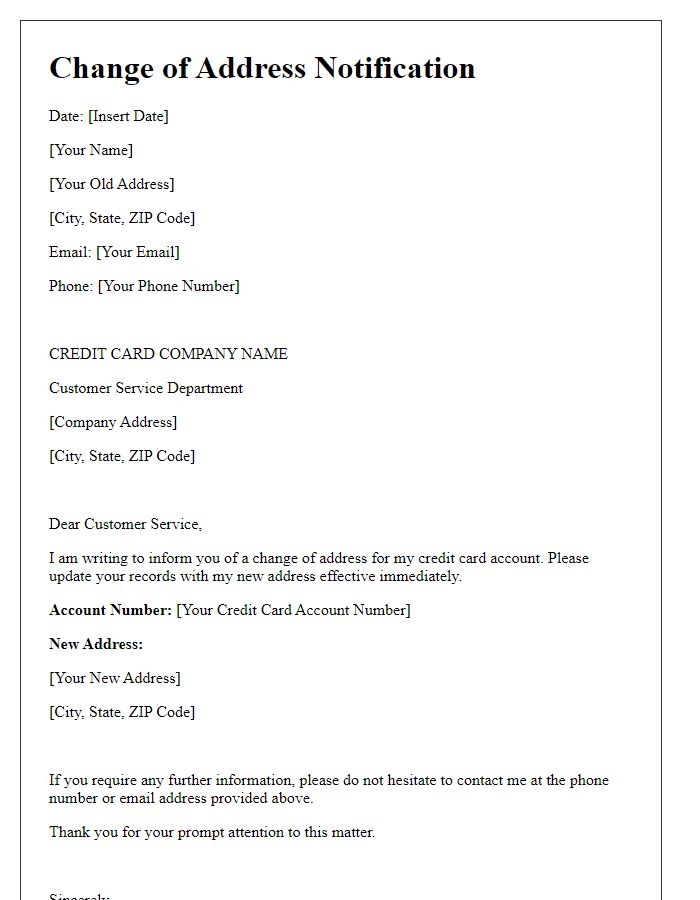 Letter template of change of address for credit card account