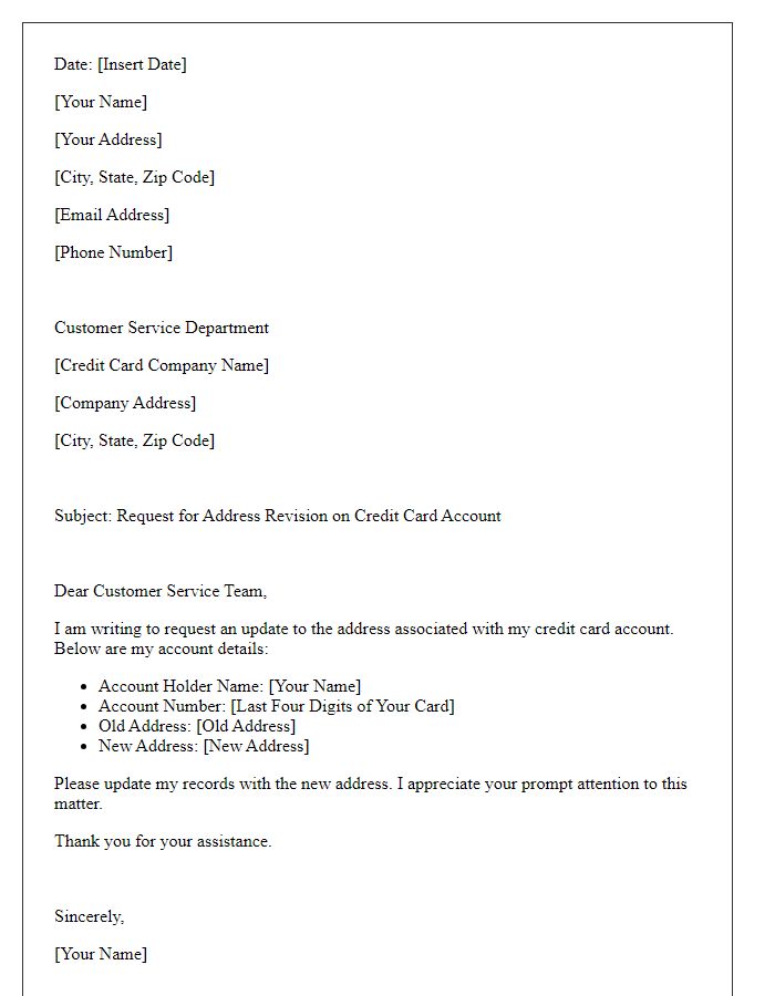 Letter template of credit card account address revision