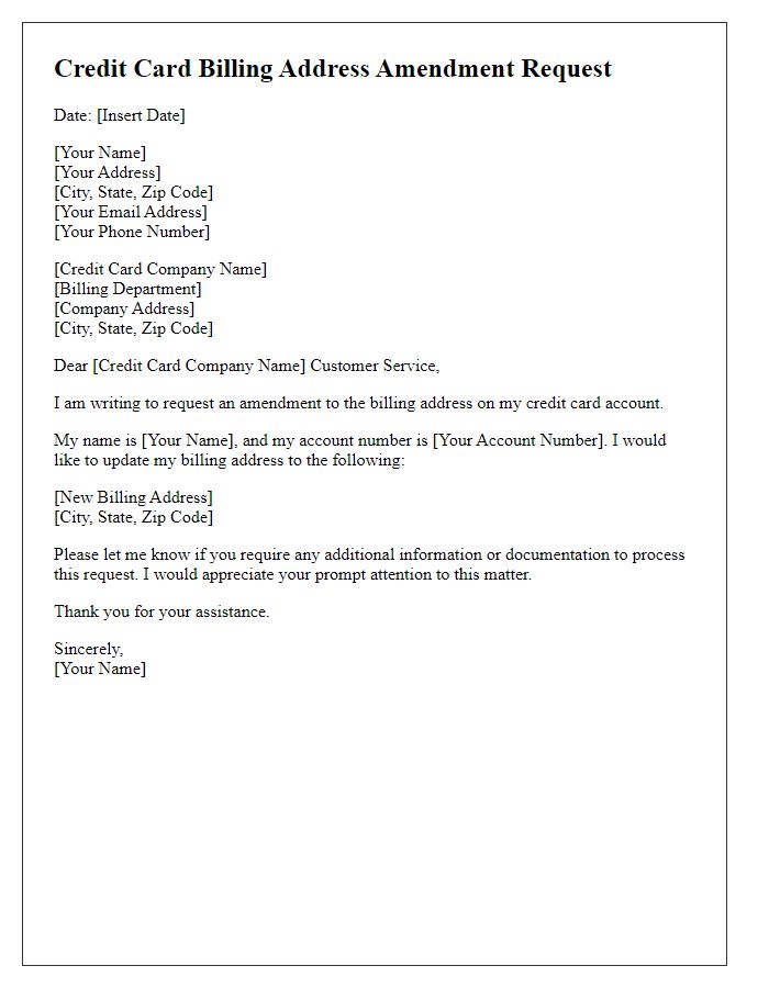 Letter template of credit card billing address amendment request