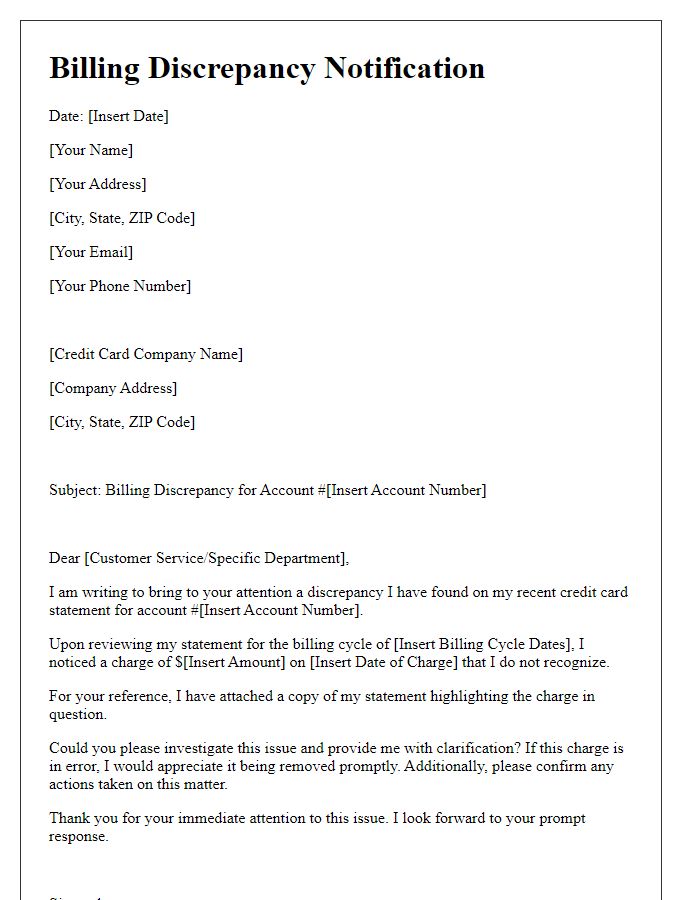 Letter template of billing discrepancy for credit card account