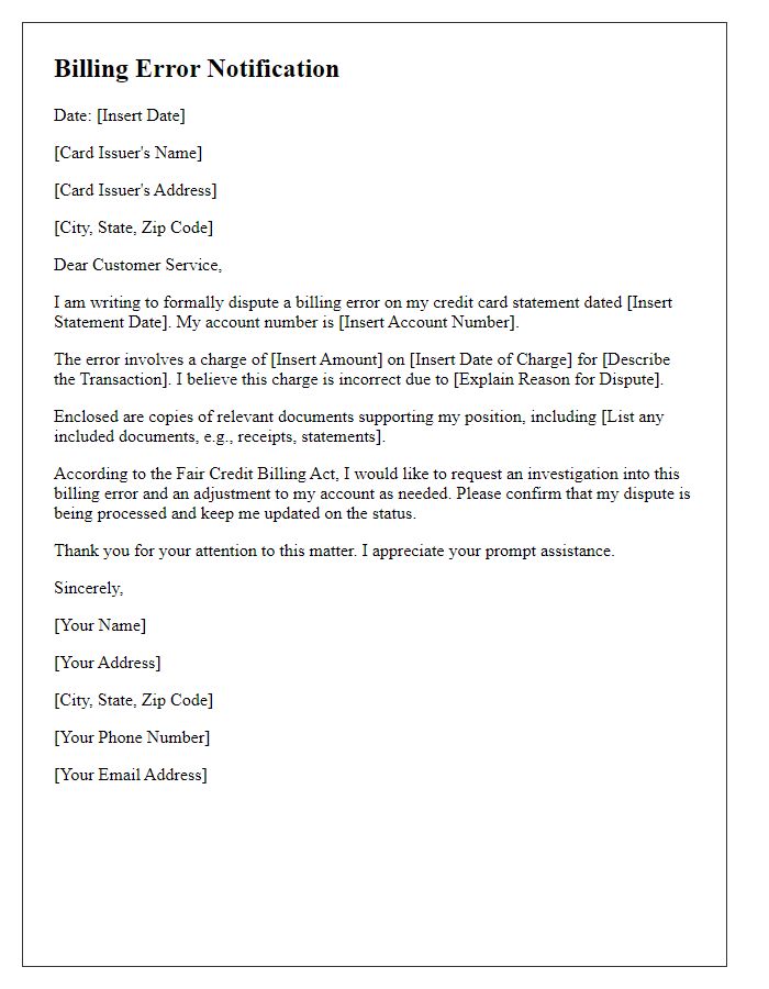 Letter template of billing error notification to card issuer