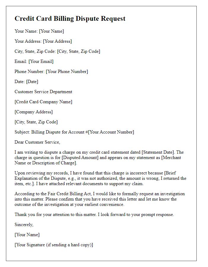 Letter template of credit card billing dispute request