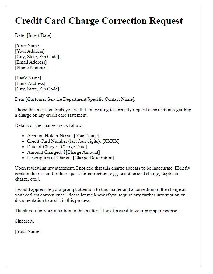 Letter template of credit card charge correction request