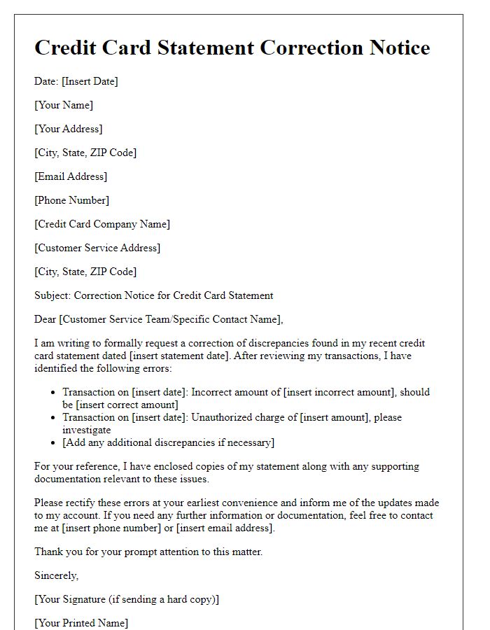 Letter template of credit card statement correction notice