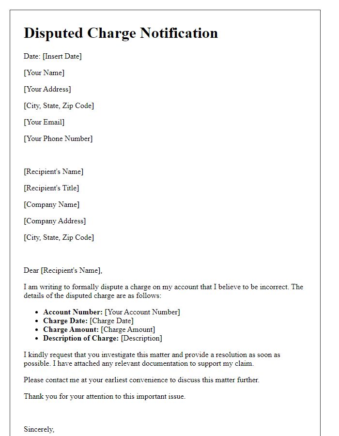 Letter template of disputed charge formal notification