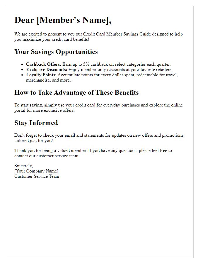 Letter template of credit card member savings guide