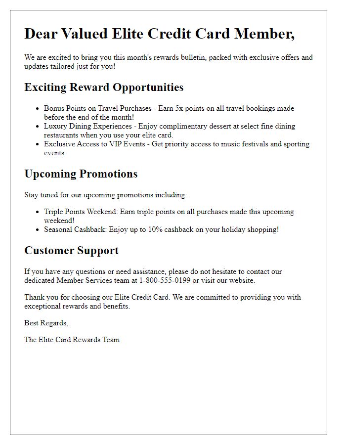 Letter template of elite credit card member rewards bulletin