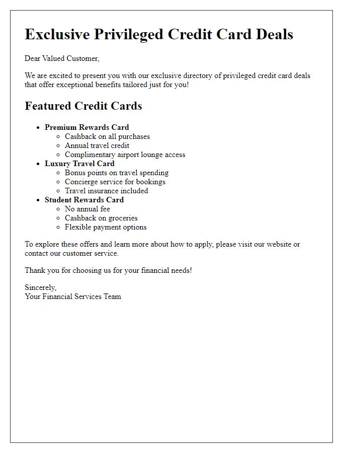 Letter template of privileged credit card deal directory