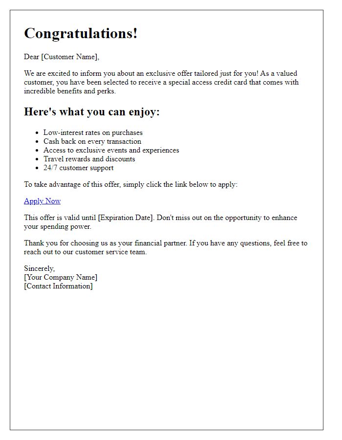 Letter template of special credit card access offers