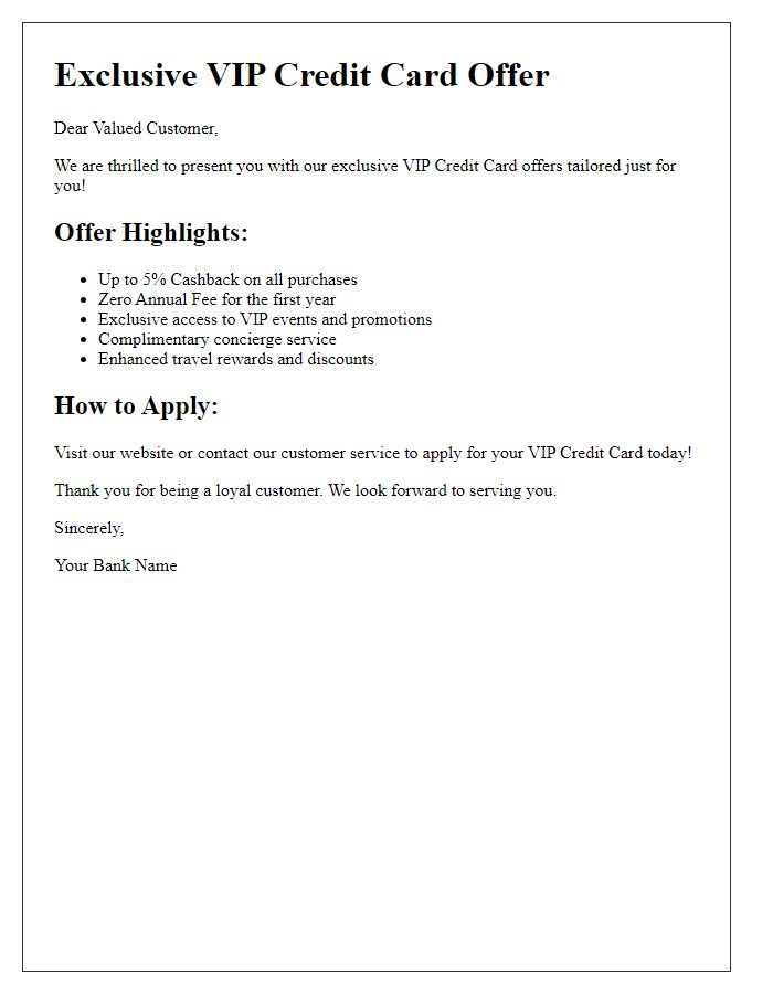 Letter template of VIP credit card offers overview