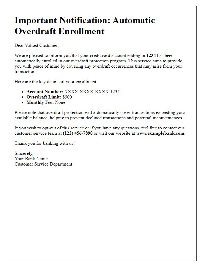 Letter template of automatic overdraft enrollment for credit card accounts