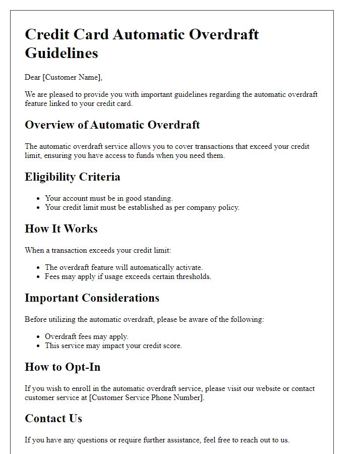 Letter template of credit card automatic overdraft guidelines