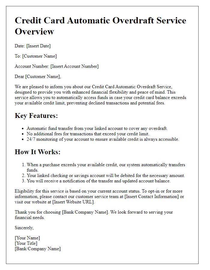 Letter template of credit card automatic overdraft service overview