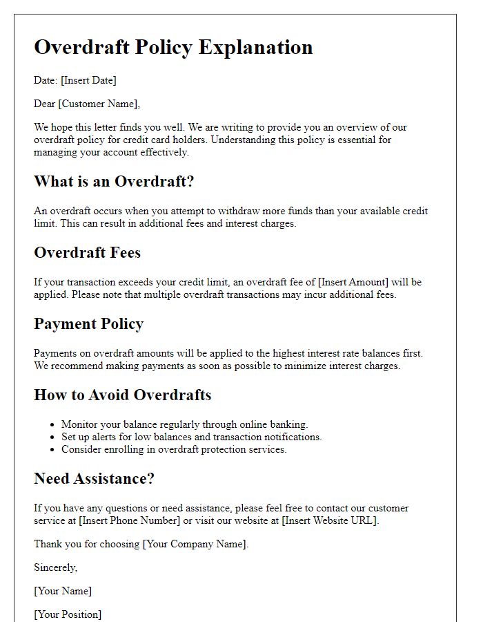 Letter template of credit card holders overdraft policy explanation