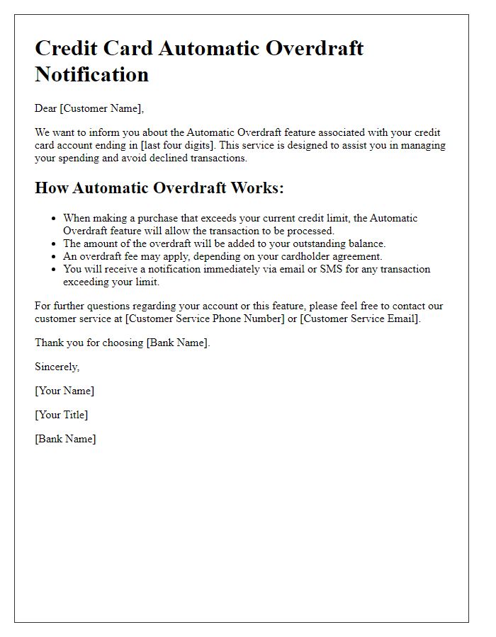 Letter template of how credit card automatic overdraft works