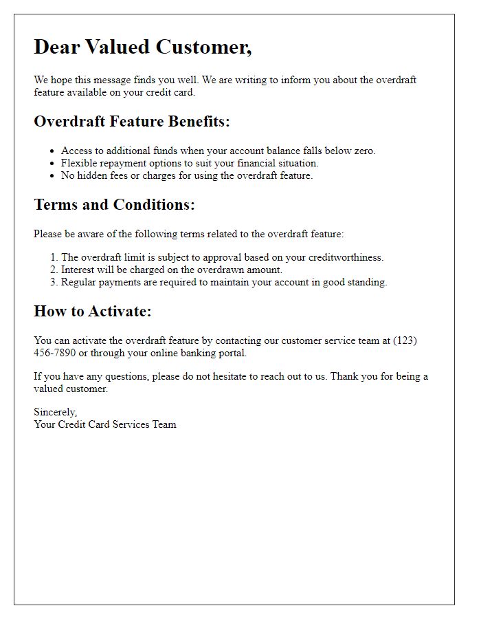 Letter template of overdraft feature details for credit card customers