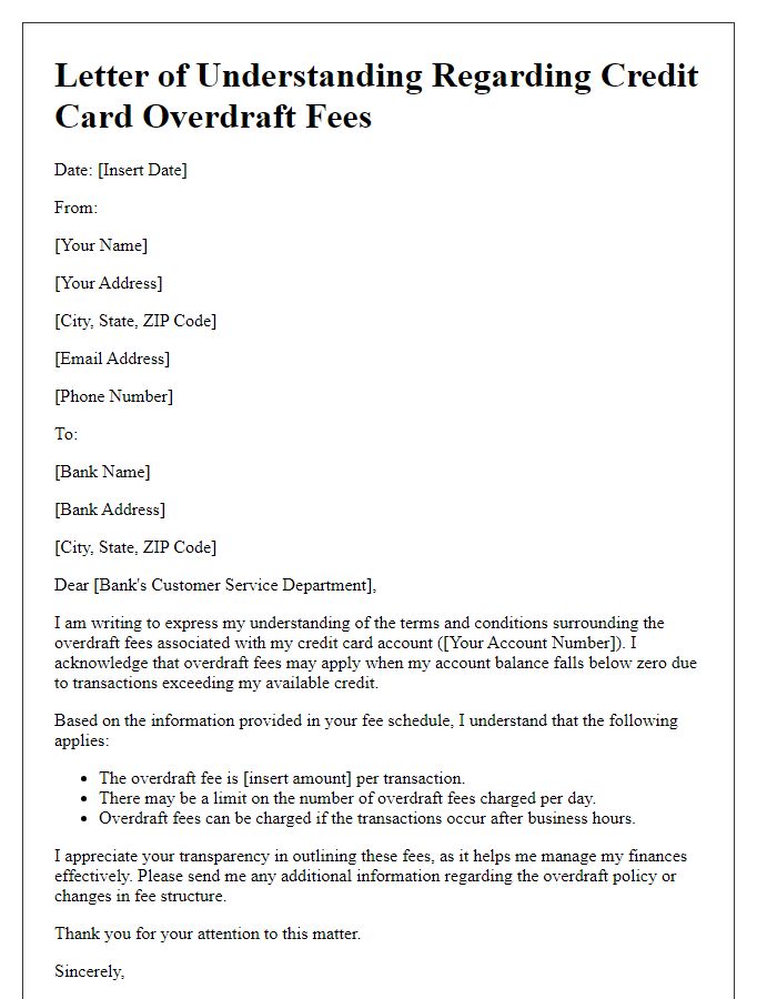 Letter template of understanding credit card overdraft fees