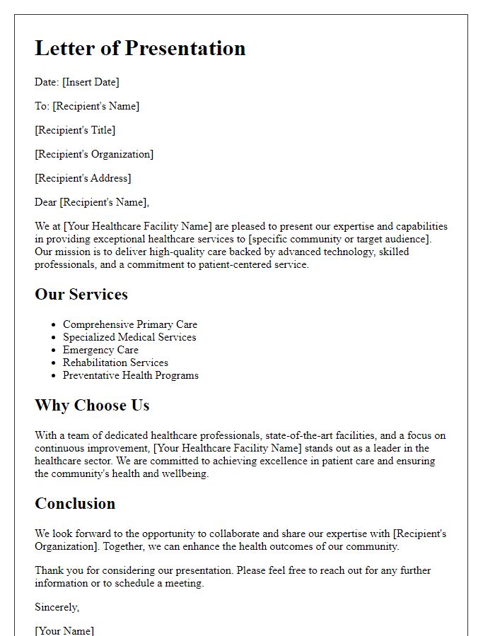 Letter template of healthcare facility expertise presentation