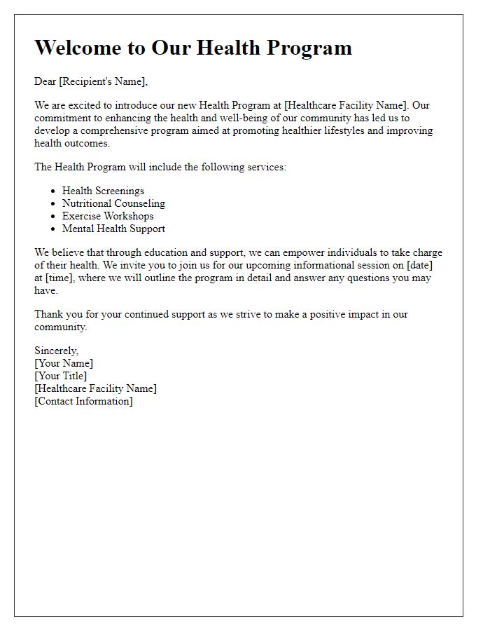 Letter template of healthcare facility health program introduction