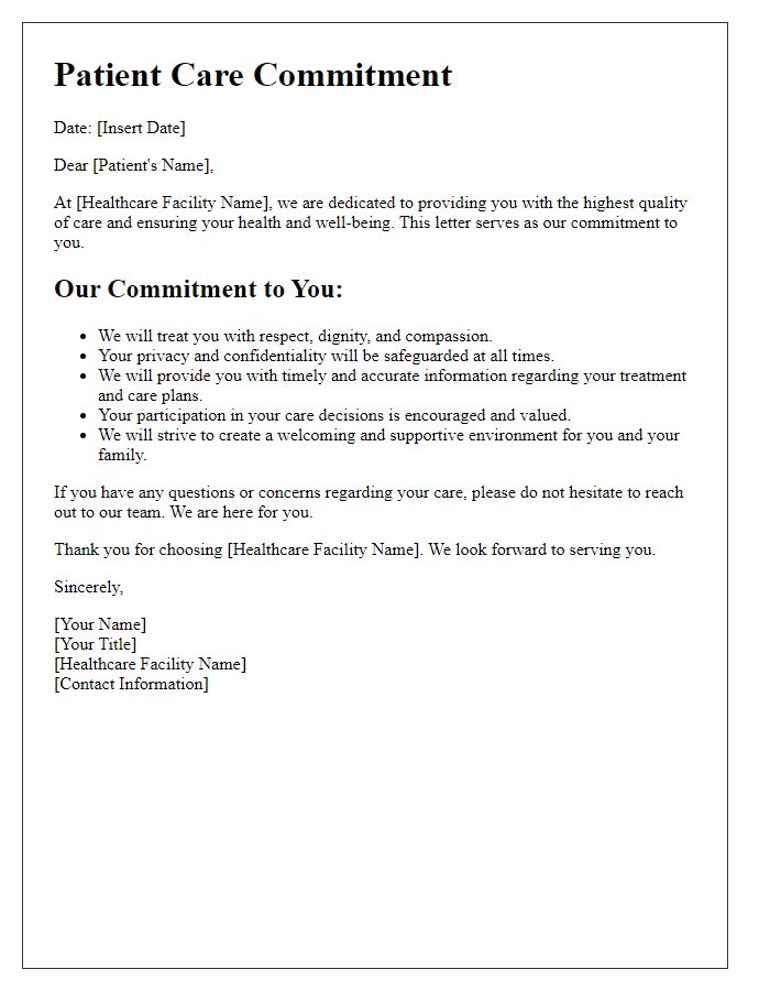 Letter template of healthcare facility patient care commitment