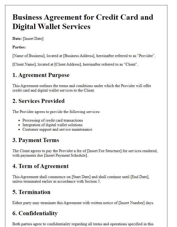 Letter template of business agreement for credit card and digital wallet services