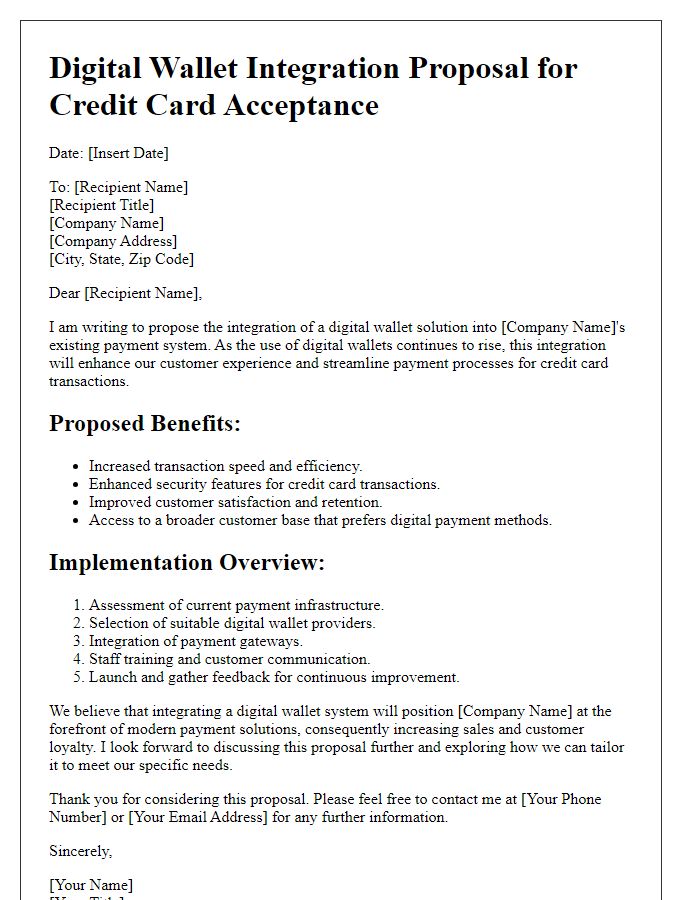 Letter template of digital wallet integration proposal for credit cards