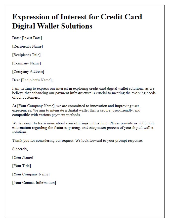 Letter template of expression of interest in credit card digital wallet solutions