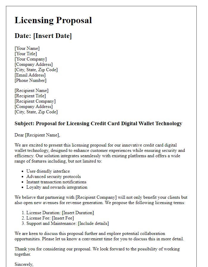 Letter template of licensing proposal for credit card digital wallet technology