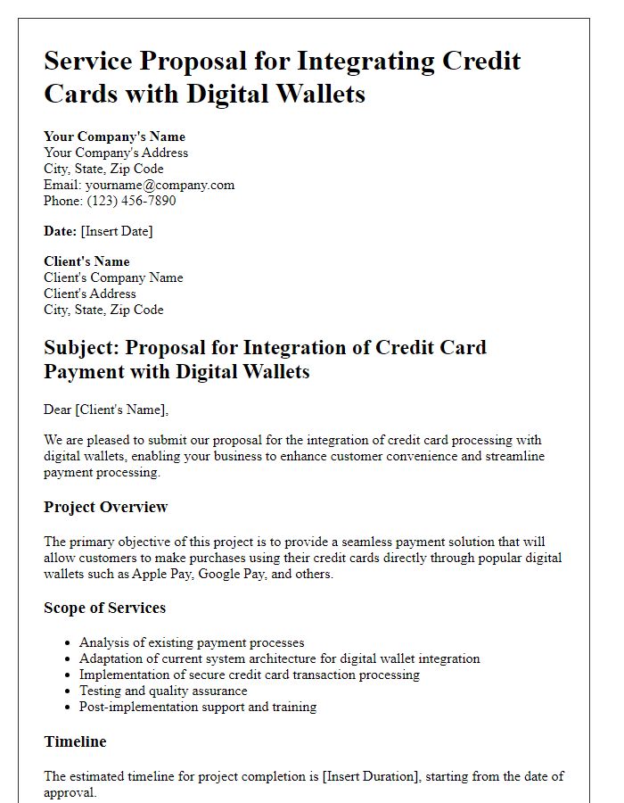 Letter template of service proposal for integrating credit cards with digital wallets