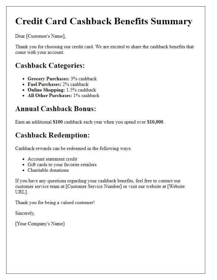 Letter template of credit card cashback benefits summary.