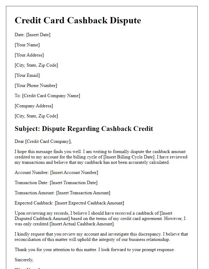 Letter template of credit card cashback dispute resolution process.