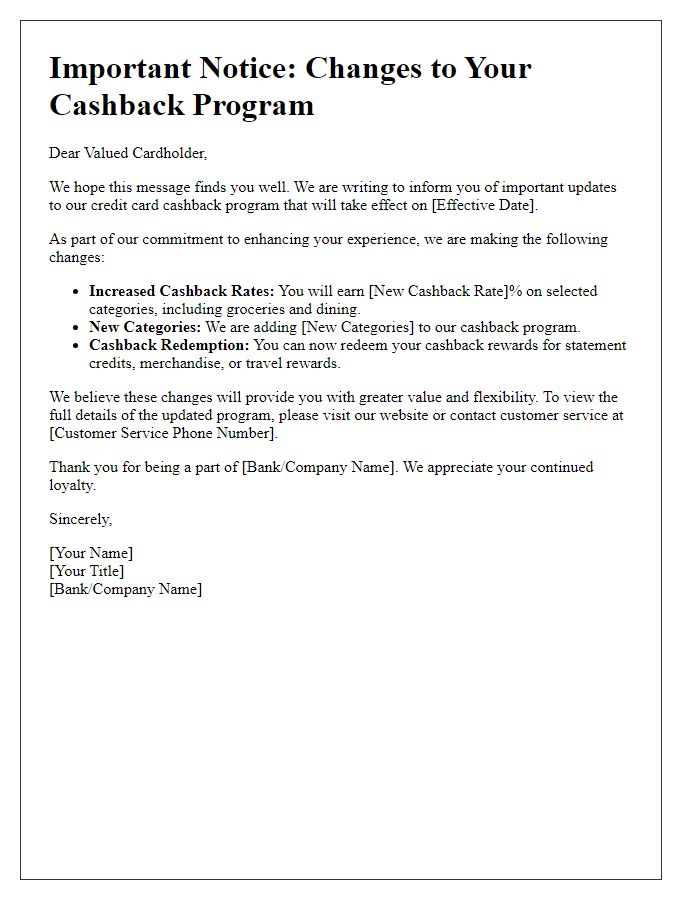 Letter template of credit card cashback program changes notification.