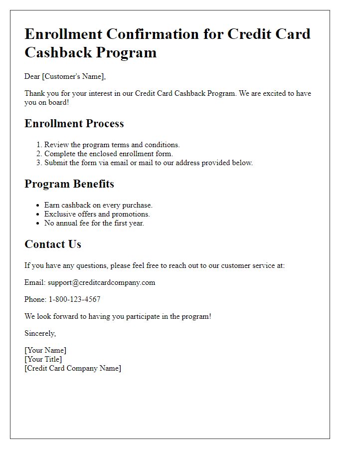 Letter template of credit card cashback program enrollment process.