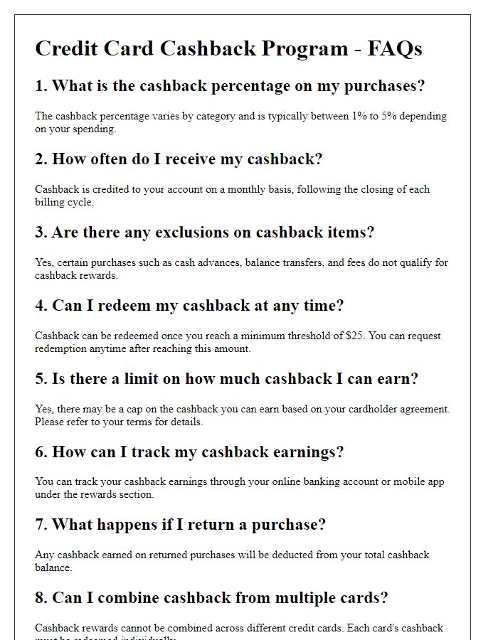 Letter template of credit card cashback program FAQs.