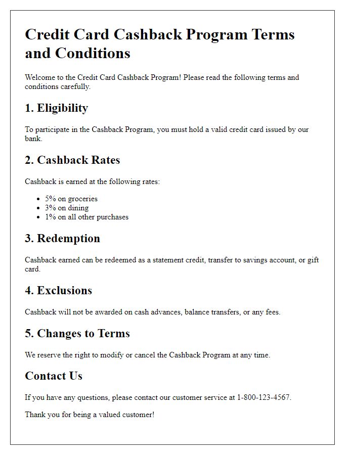 Letter template of credit card cashback program terms and conditions.