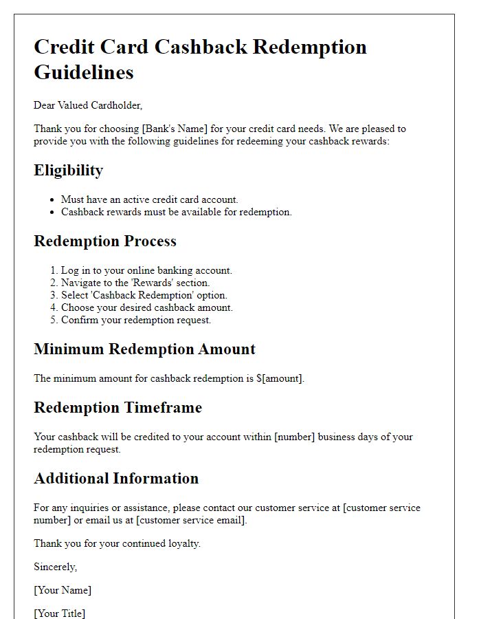 Letter template of credit card cashback redemption guidelines.